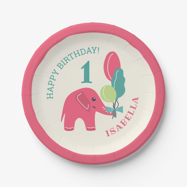 Prato De Papel Elefante com primeiro aniversario de Garotas Balõe (Frente)