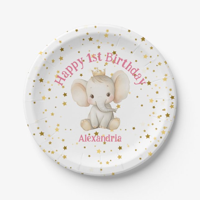 Prato De Papel Elefante da princesa personalizada do primeiro ani (Frente)