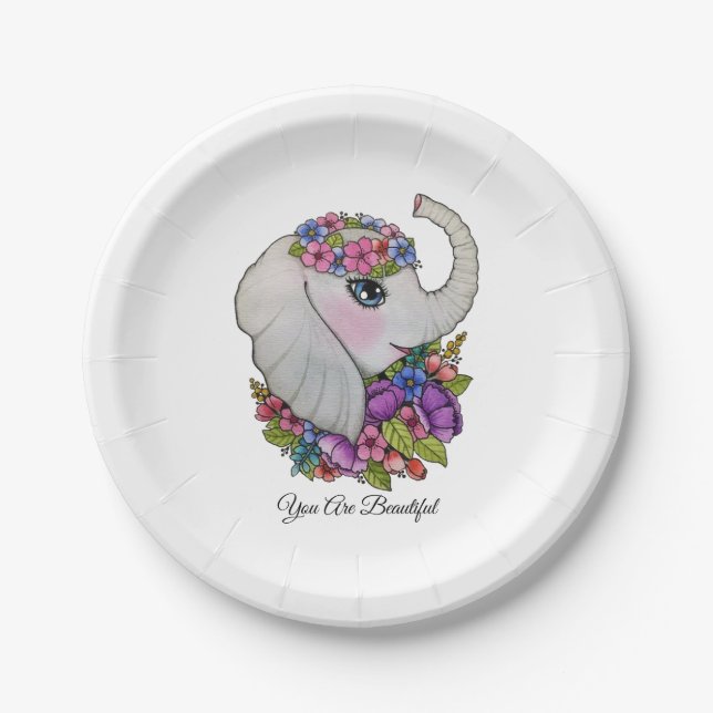 Prato De Papel Elefante De Aquarela Com Flores Selvagens (Frente)