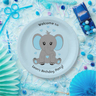 Prato De Papel Elefante de bebê bonito em azul, personalizado