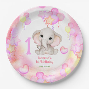 Prato De Papel Elefante Fofo de Verão Menina Colorida 1º Aniversá
