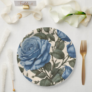 Prato De Papel Elegância Azul: Antigas Rosas Provinciais em Flor