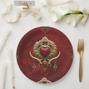 Prato De Papel Elegância em brilho vermelho com um coração orname