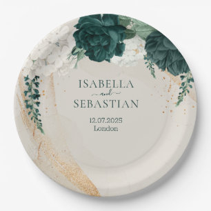 Prato De Papel Elegância Floral Bege Verde Esmeralda Moderna