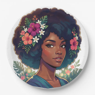 Prato De Papel Elegância Suave Mulher Negra C/ Coroa de Flores Af