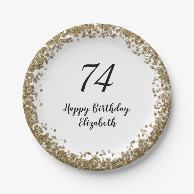 Prato De Papel Elegant 74th Birthday Plates With Gold Sequins (Frente)