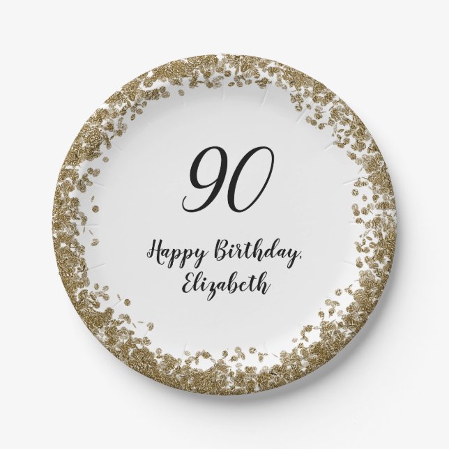 Prato De Papel Elegant 90th Birthday Plates With Gold Sequins (Frente)
