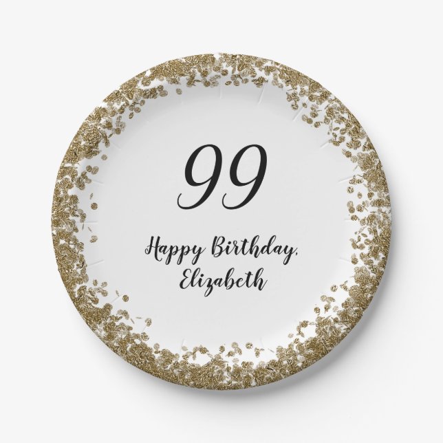 Prato De Papel Elegant 99th Birthday Plates With Gold Sequins (Frente)