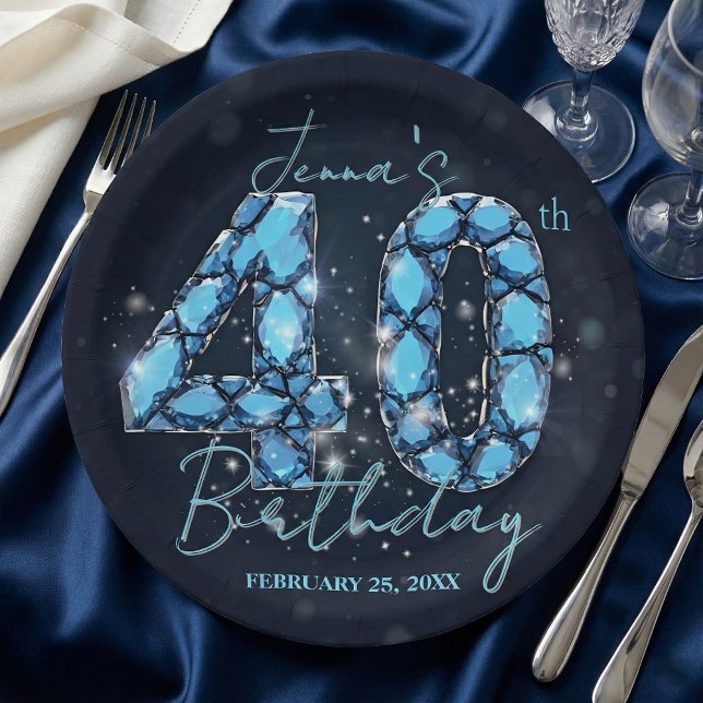 Prato De Papel Elegant Aquamarine Blue Jewel 40th Birthday (Criador carregado)