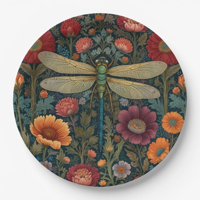 Prato De Papel Elegant art nouveau Autumn floral Dragonfly (Frente)