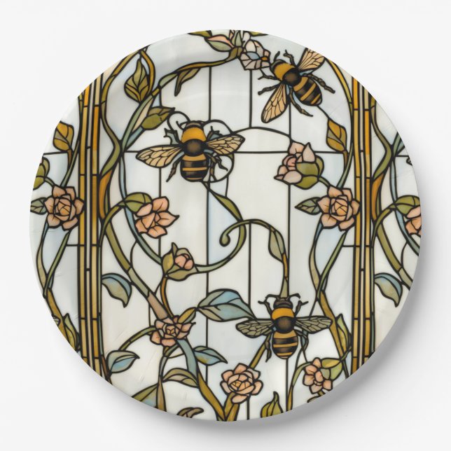 Prato De Papel Elegant art nouveau botanical  bee stain glass (Frente)