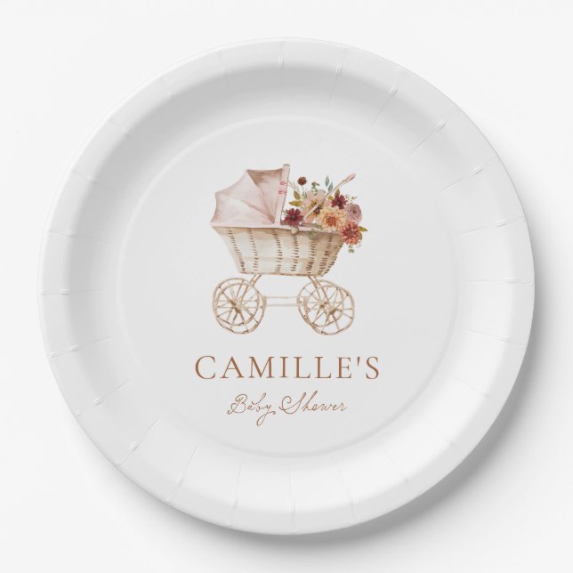 Prato De Papel Elegant Autumn Burgundy Floral Baby Shower (Frente)