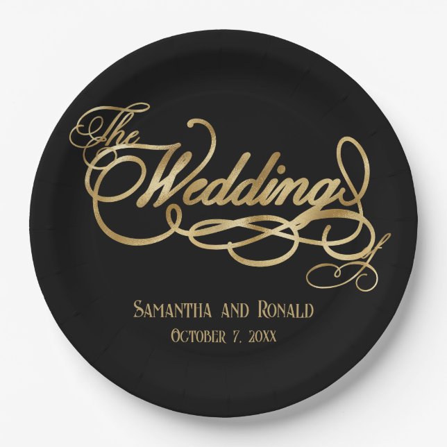 Prato De Papel Elegant Black and Faux Gold Calligraphy Wedding (Frente)