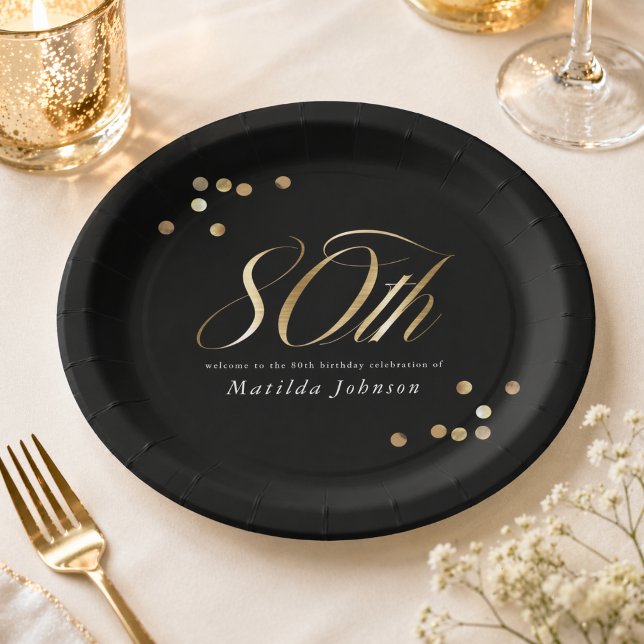 Prato De Papel Elegant Black and Gold 80th Birthday Party (Elegant Black and Gold 80th Birthday Party Paper Plates)