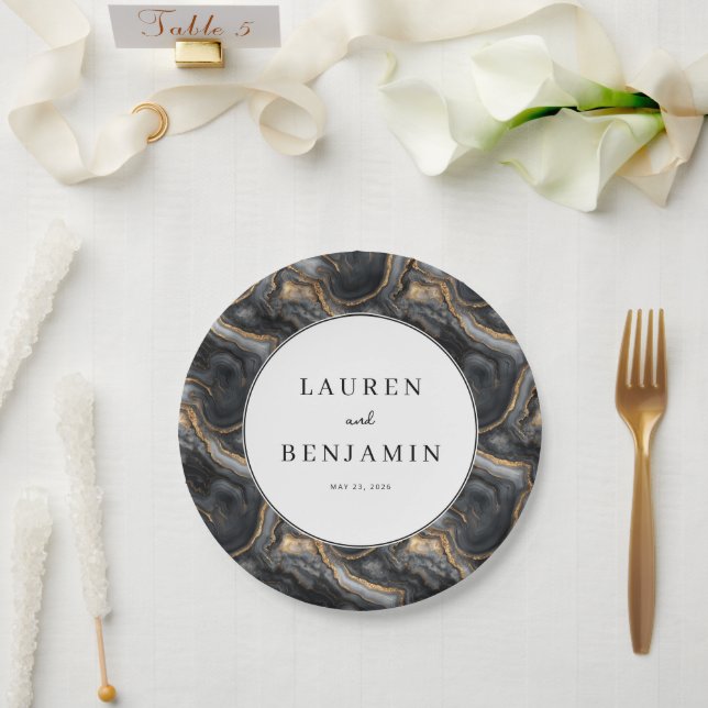 Prato De Papel Elegant Black and Gold Marbled (Casamento)