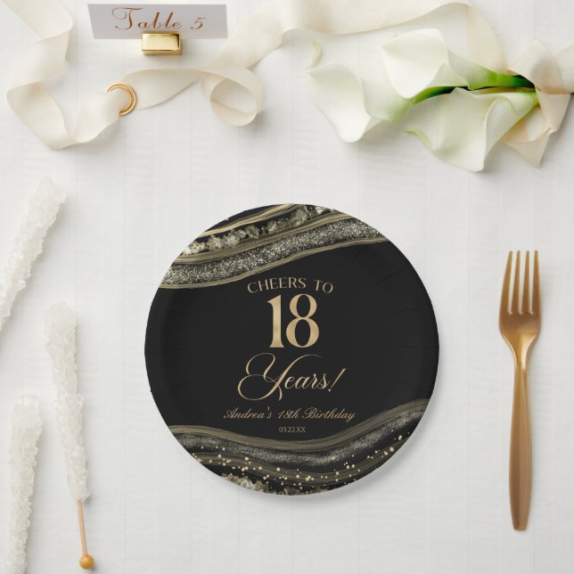 Prato De Papel Elegant Black Gold Agate 18th Birthday Party (Casamento)