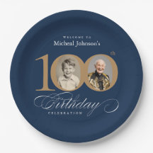 Elegant Blue and Gold Custom Photo 100th Birthday
