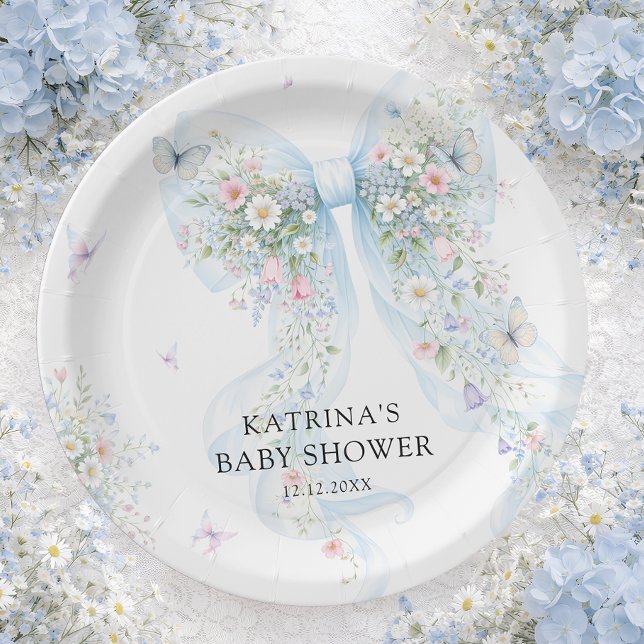 Prato De Papel Elegant Blue Bow Wildflower Baby Shower (Criador carregado)