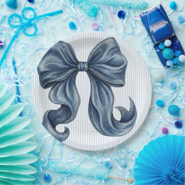 Prato De Papel Elegant Blue Denim Bow  (Festa)