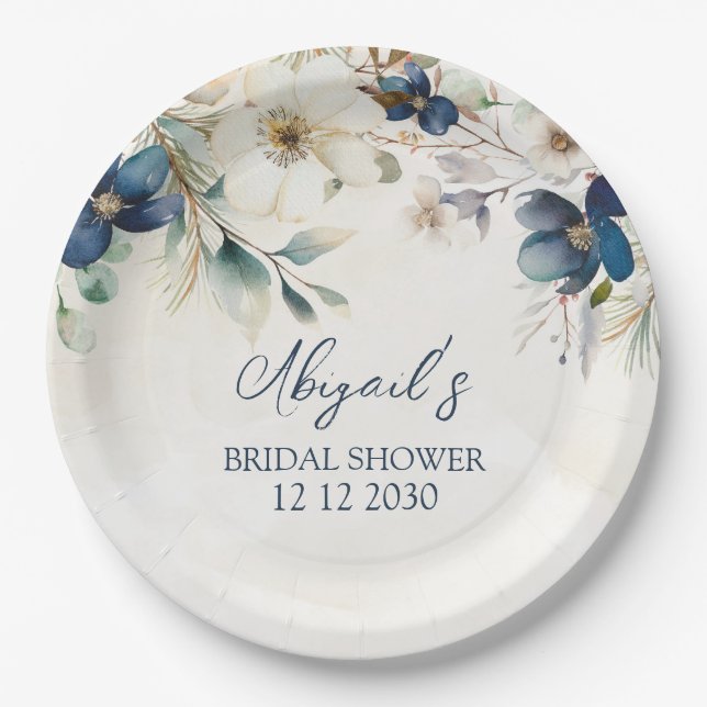 Prato De Papel Elegant Blue Floral Winter Bridal Shower (Frente)