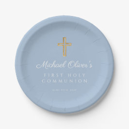 Prato De Papel Elegant Blue Religious Cross Boy First Communion