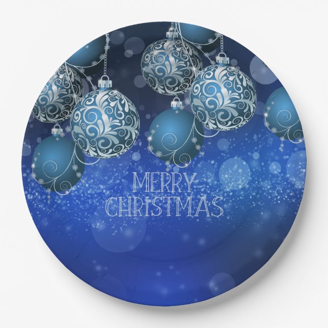 Prato De Papel Elegant Blue & Silver Baubles Christmas (Frente)