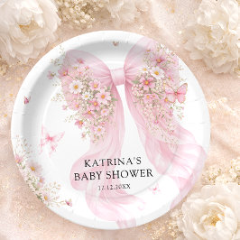 Prato De Papel Elegant Blush Pink Bow Wildflower Baby Shower