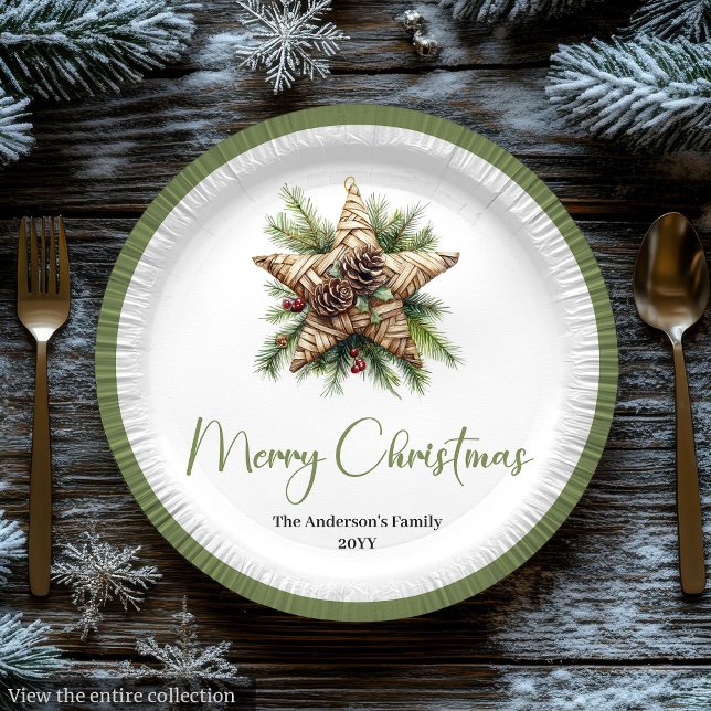 Prato De Papel Elegant Boho Botanical Christmas Tree Dinner Plate (Elegant Boho Botanical Christmas Tree Dinner Plates)