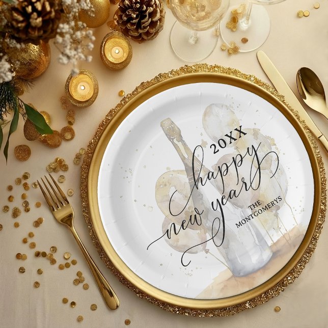 Prato De Papel Elegant Champagne and Balloons Happy New Year (Elegant Champagne and Balloons Happy New Year Paper Plates)