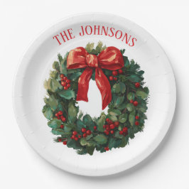 Prato De Papel Elegant Christmas Wreath Custom Name Paper Plates