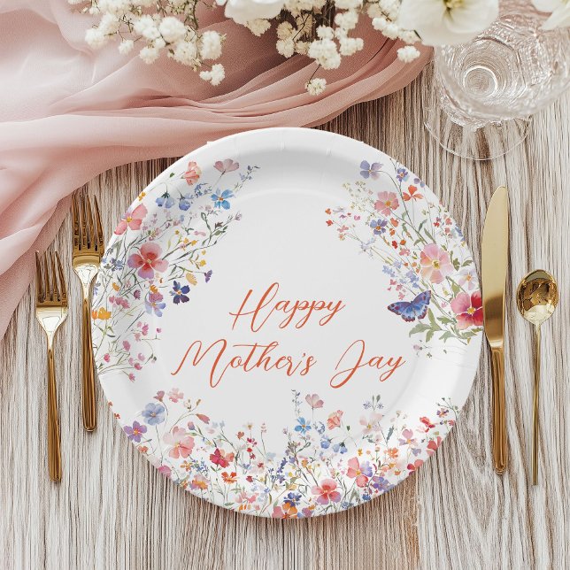 Prato De Papel Elegant Colorful Wildflowers Happy Mother's Day (Colorful wildflower Happy Mother's Day Paper plate)