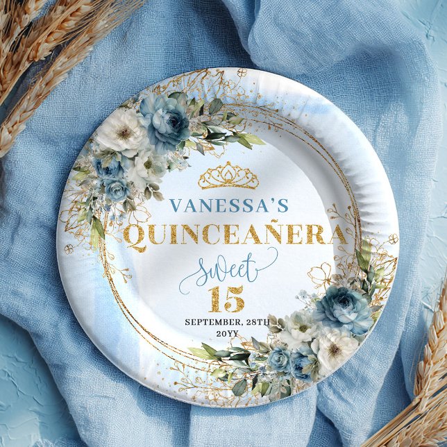 Prato De Papel Elegant Dusty Blue Floral Gold Quinceañera Plates (Elegant Dusty Blue Floral Gold Quinceañera Plates)