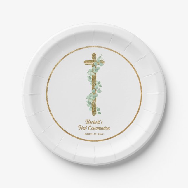 Prato De Papel Elegant Eucalyptus and Cross First Communion (Frente)
