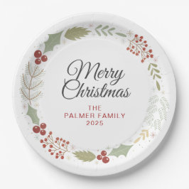 Prato De Papel Elegant Floral Christmas Wreath Family Custom Name