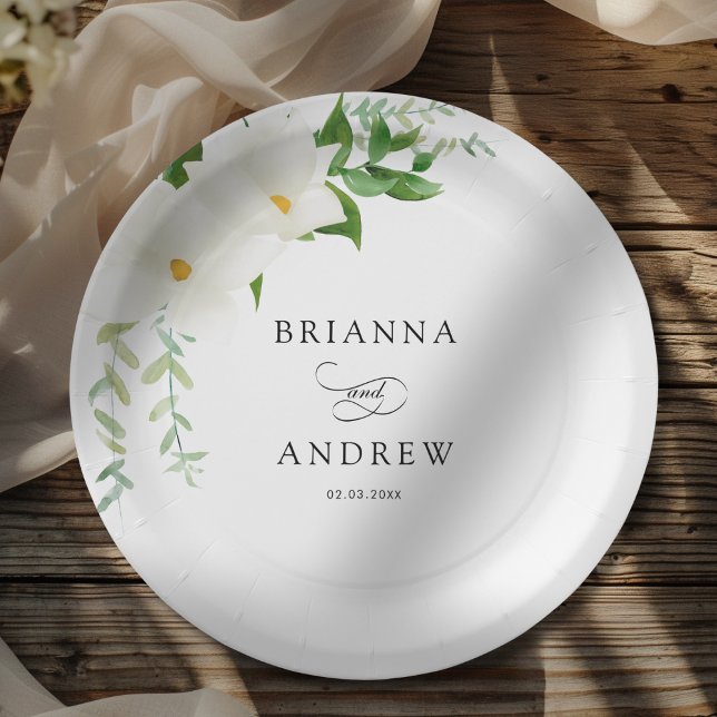Prato De Papel Elegant Floral Magnolia Wedding  (Elegant Floral Magnolia Wedding Paper Plates)