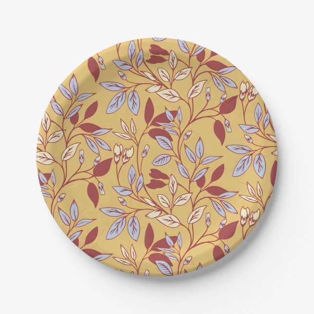 Prato De Papel Elegant Floral Pattern with Red and Blue Leaves (Frente)