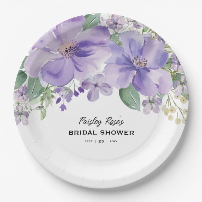 Prato De Papel Elegant Floral Purple Bridal Shower (Frente)