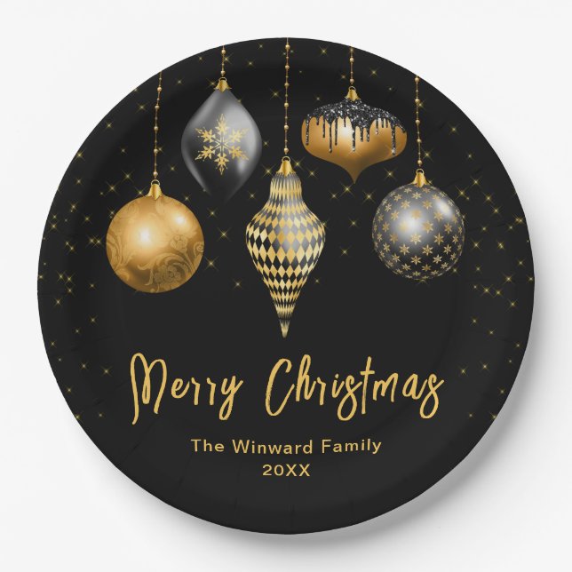 Prato De Papel Elegant Gold and Black Ornament Christmas (Frente)