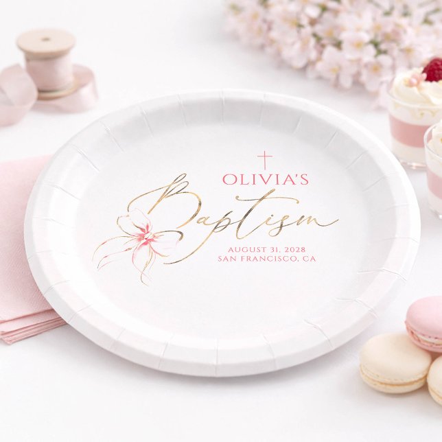 Prato De Papel Elegant Gold and Pink Bow Girl Baptism (Pink Bow Baptism Plates)