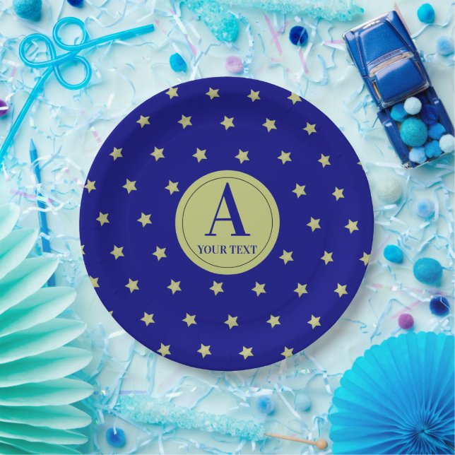 Prato De Papel Elegant Gold & Blue Star Pattern Monogram (Festa)