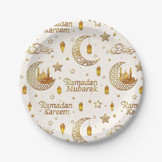 Prato De Papel Elegant Gold Crescent Ramadan Iftar Party (Frente)