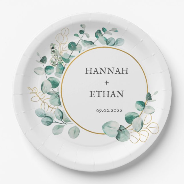 Prato De Papel Elegant Gold Greenery Eucalyptus Personalized   (Frente)