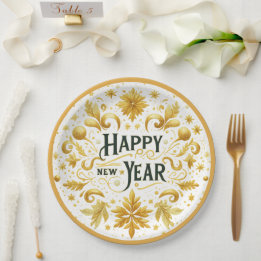 Prato De Papel Elegant Gold Happy New Year Paper Plate