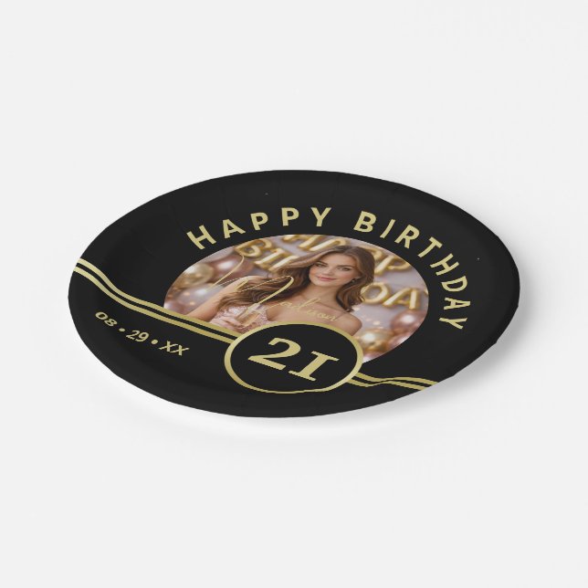 Prato De Papel Elegant Gold Signature Monogram with Photo (Inclinado)