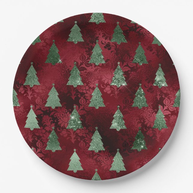 Prato De Papel Elegant Green Trees Red Faux Foil Christmas  (Frente)