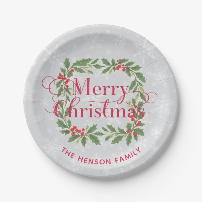 Prato De Papel Elegant Holly Wreath Snowflakes Merry Christmas (Frente)