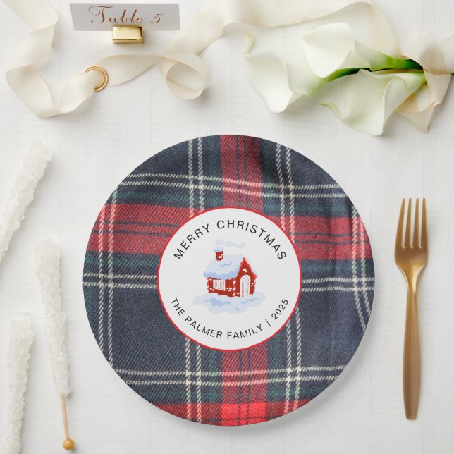 Prato De Papel Elegant Modern Tartan Plaid Christmas Family (Casamento)