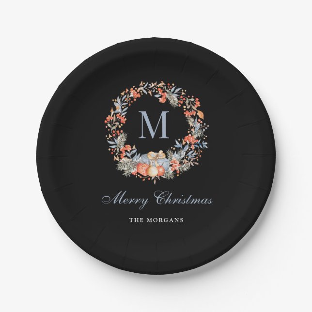 Prato De Papel Elegant Monogram Wreath Chic Black Christmas Party (Frente)