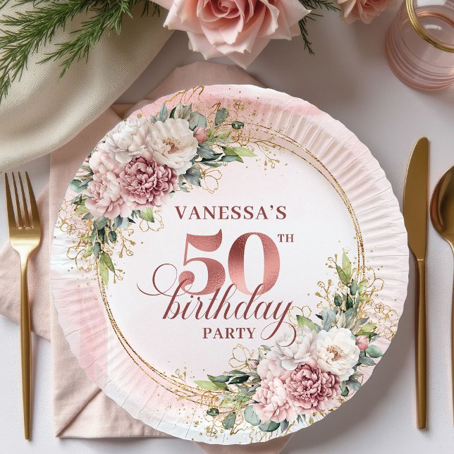 Prato De Papel Elegant Peony Greenery Rose Gold 50th Birthday  (Elegant Peony Greenery Rose Gold 50th Birthday Plates)