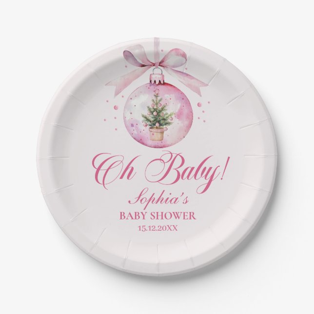 Prato De Papel Elegant Pink Christmas Ornament Baby Shower (Frente)